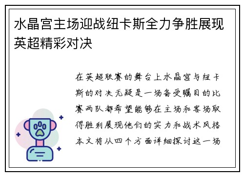 水晶宫主场迎战纽卡斯全力争胜展现英超精彩对决