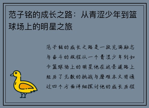 范子铭的成长之路：从青涩少年到篮球场上的明星之旅